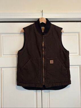 Carhartt Dark Brown Duck Work Vest with Rib Knit Collar